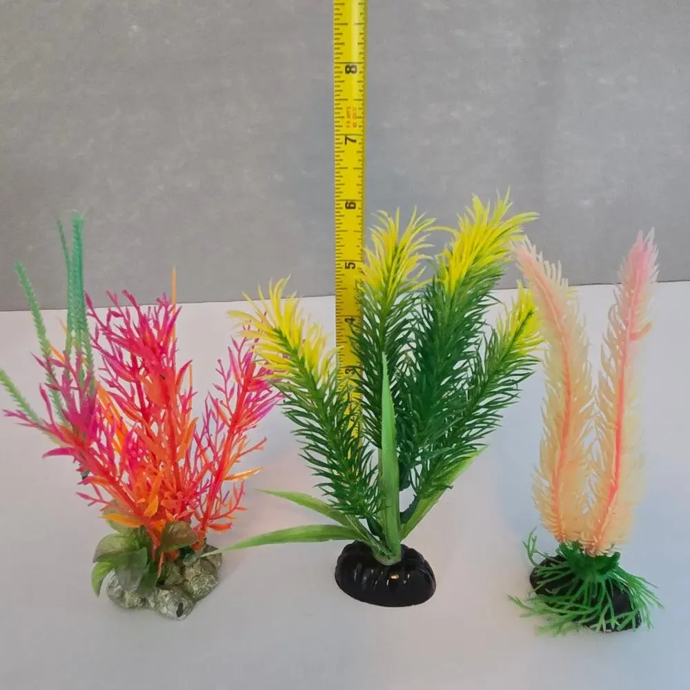 Fish Tank Aquarium Decorations Artificial Plastic Plants 2 Cave Rocks Decor Set